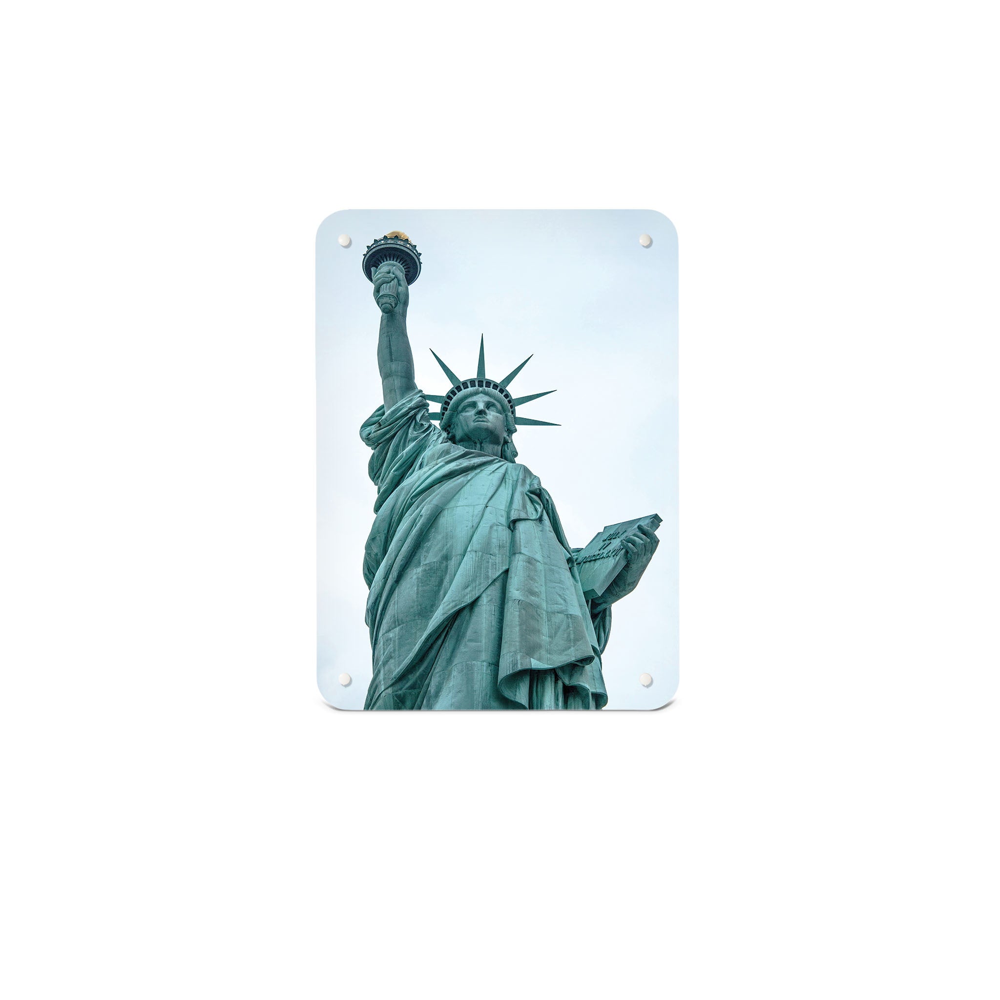 A small magnetic notice board by Beyond the Fridge with a photographic image of the Statue of Liberty