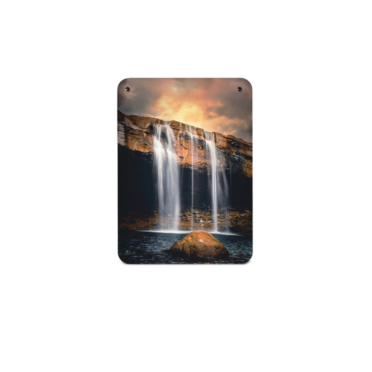A small magnetic notice board by Beyond the Fridge with a photograph of a waterfall