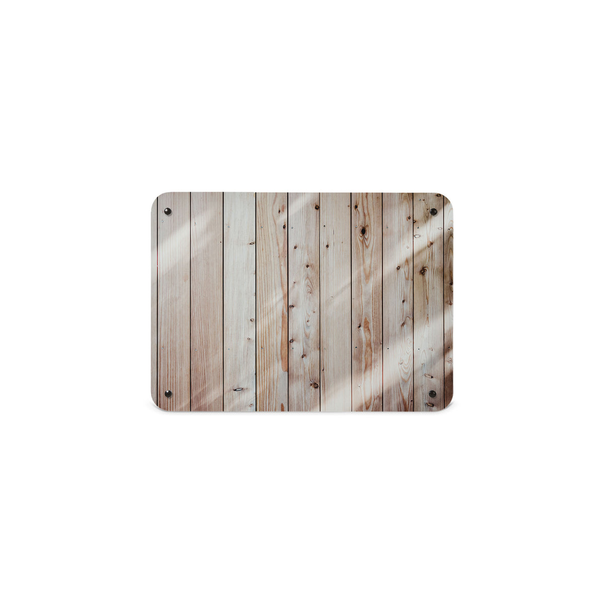 A small magnetic notice board by Beyond the Fridge with a photograph of planks of light coloured wood cladding