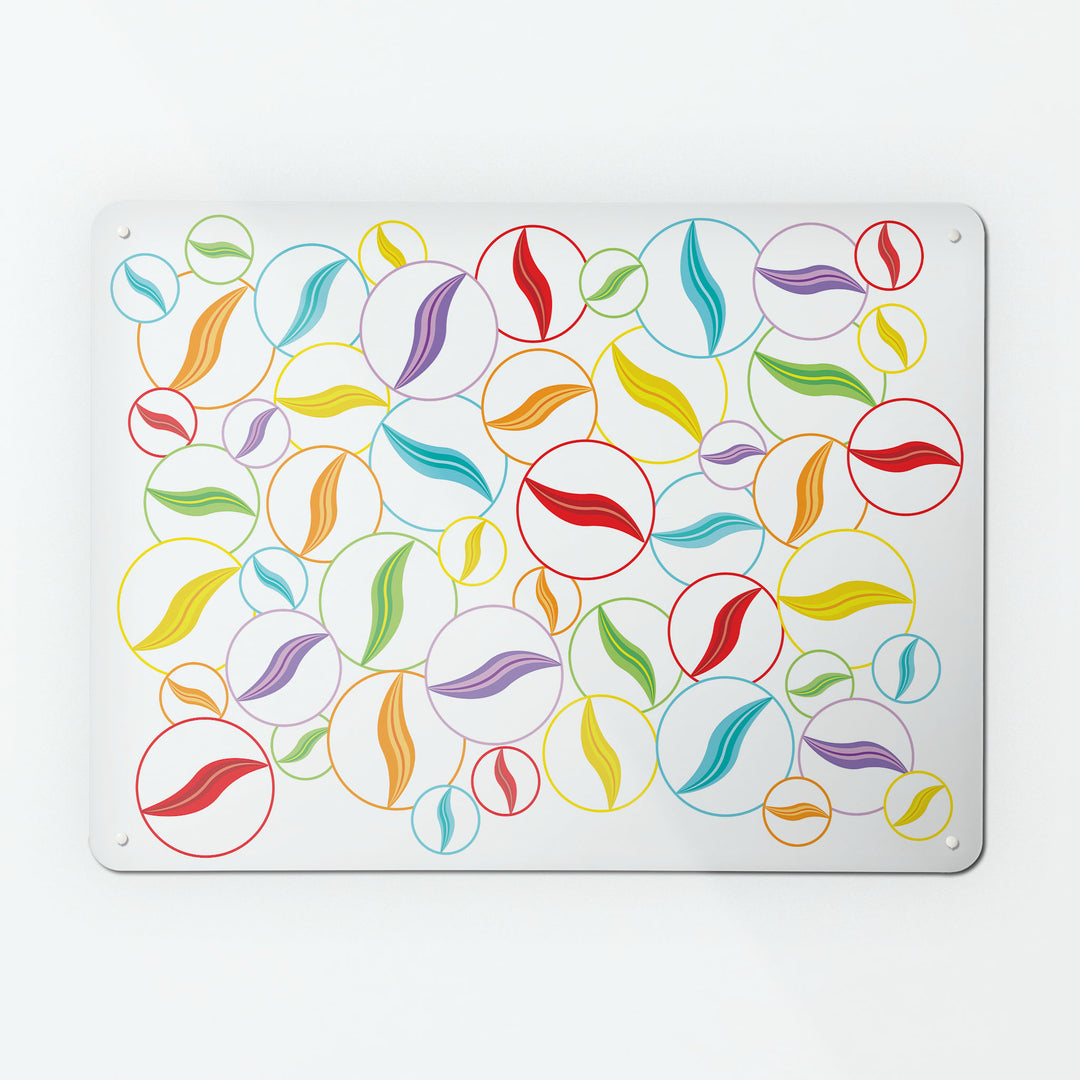 A large magnetic notice board by Beyond the Fridge with a design of multi coloured marbles on a white background