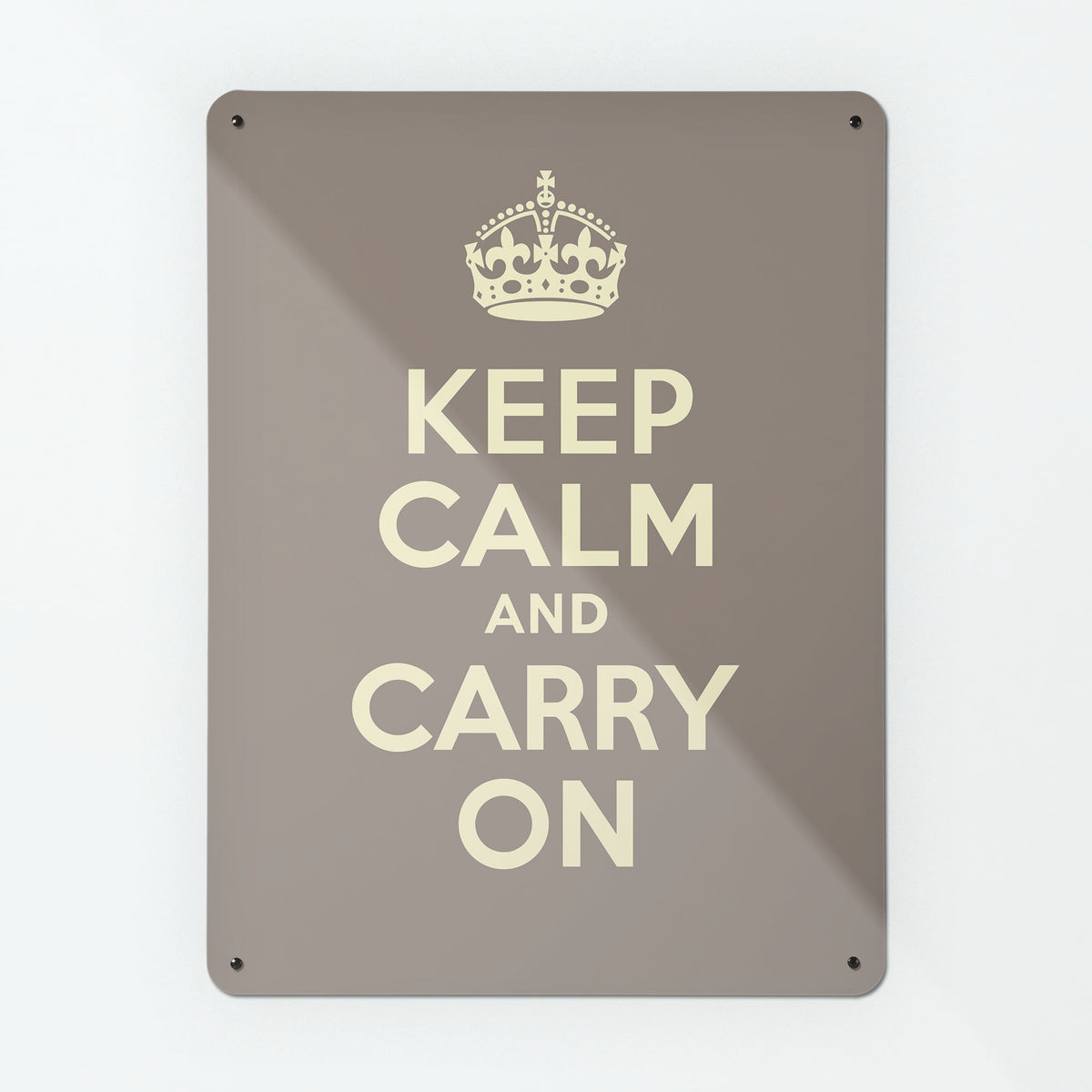 A large magnetic notice board by Beyond the Fridge with an image of a vintage keep calm and carry on poster in brown