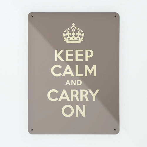 A large magnetic notice board by Beyond the Fridge with an image of a vintage keep calm and carry on poster in brown
