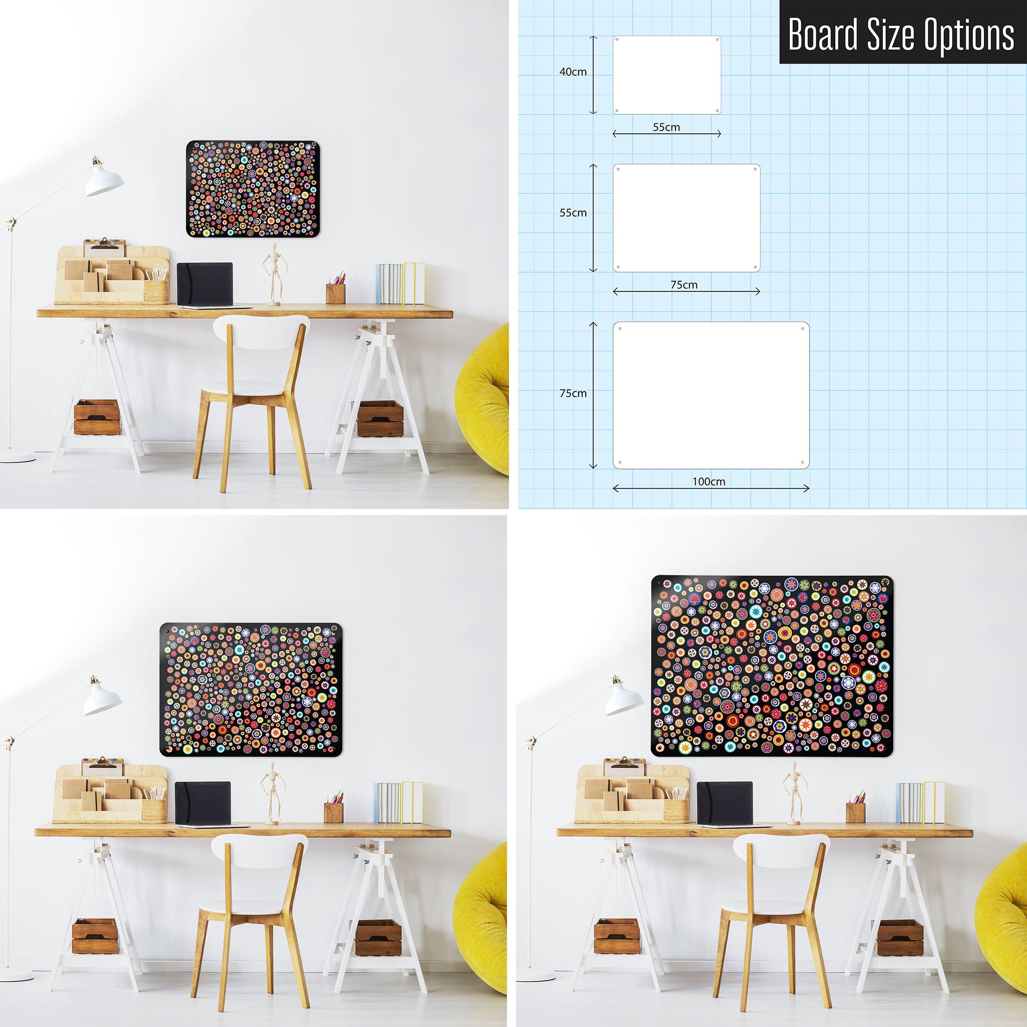 Three photographs of a workspace interior and a diagram to show size comparisons of a millefiori on black pattern magnetic notice board