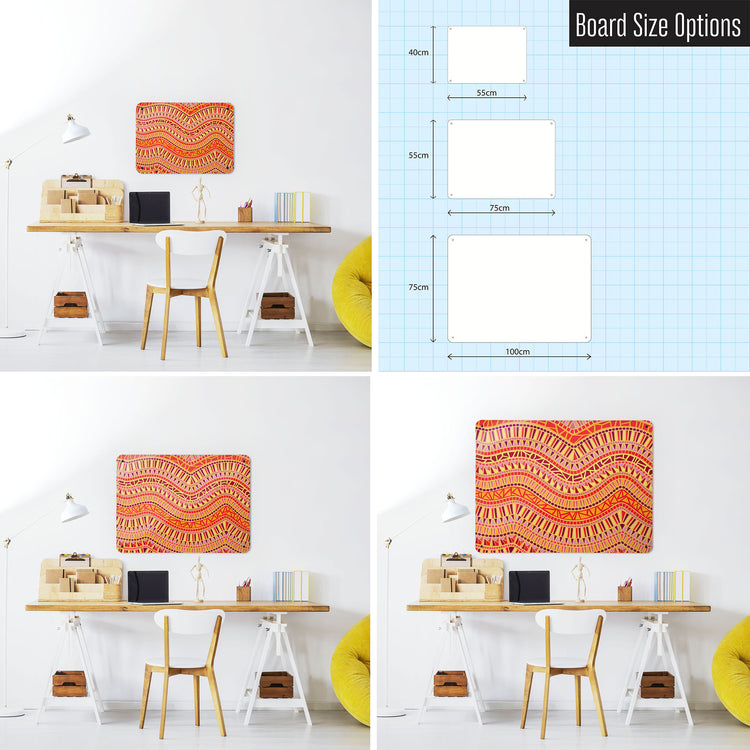 Three photographs of a workspace interior and a diagram to show size comparisons of a mosaic wave design magnetic notice board