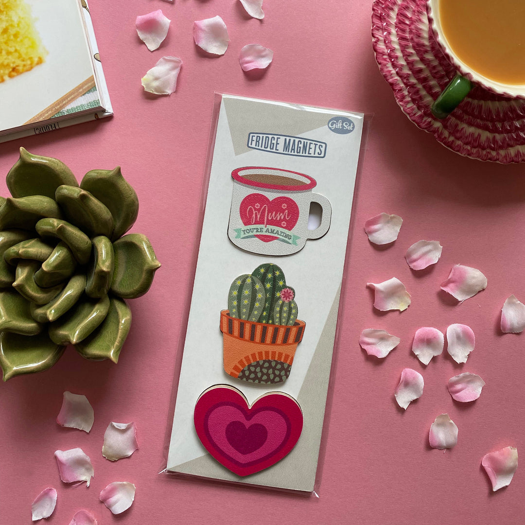 A table top with a gift set of three Fridge Magnets for Mother Day with heart, mum you’re amazing enamel mug and cactus in a flower pot magnets - by Beyond the Fridge
