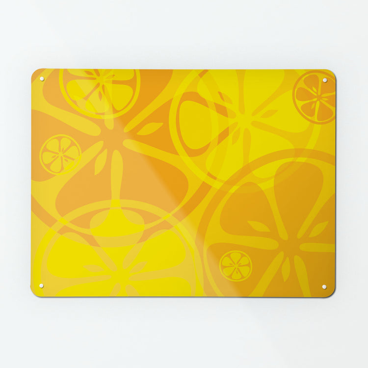 A large magnetic notice board by Beyond the Fridge with an oranges and lemons design