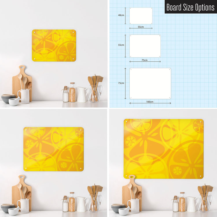 Three photographs of a workspace interior and a diagram to show size comparisons of an oranges and lemons design magnetic notice board