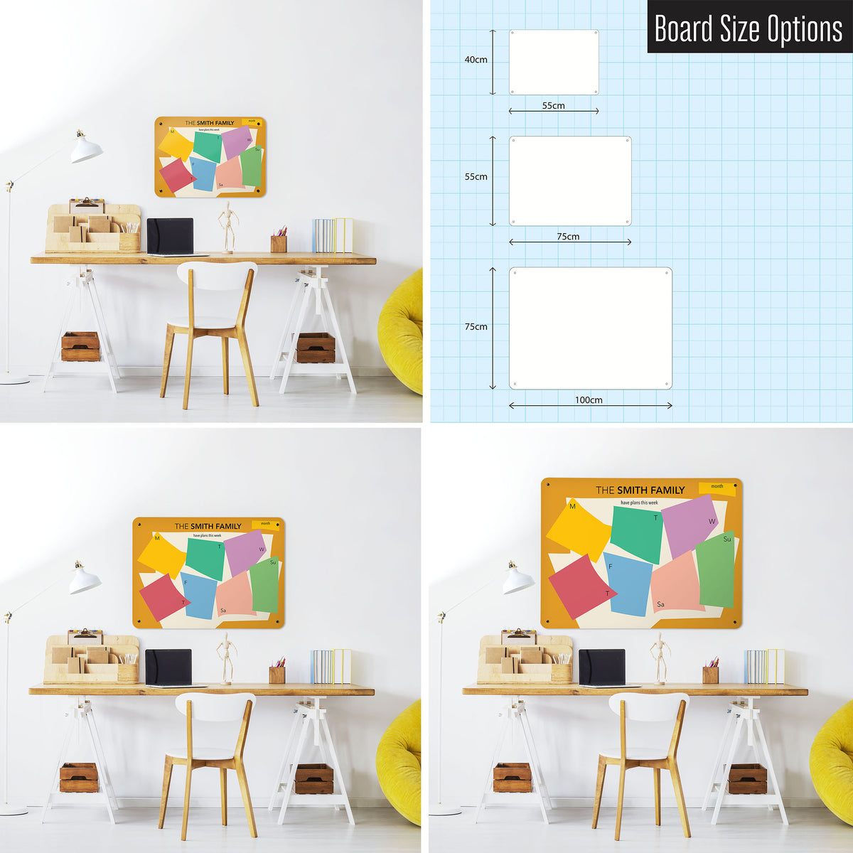 Three photographs of a workspace interior and a diagram to show size comparisons of a landscape Henri Matisse styled personalised weekly planner magnetic notice board