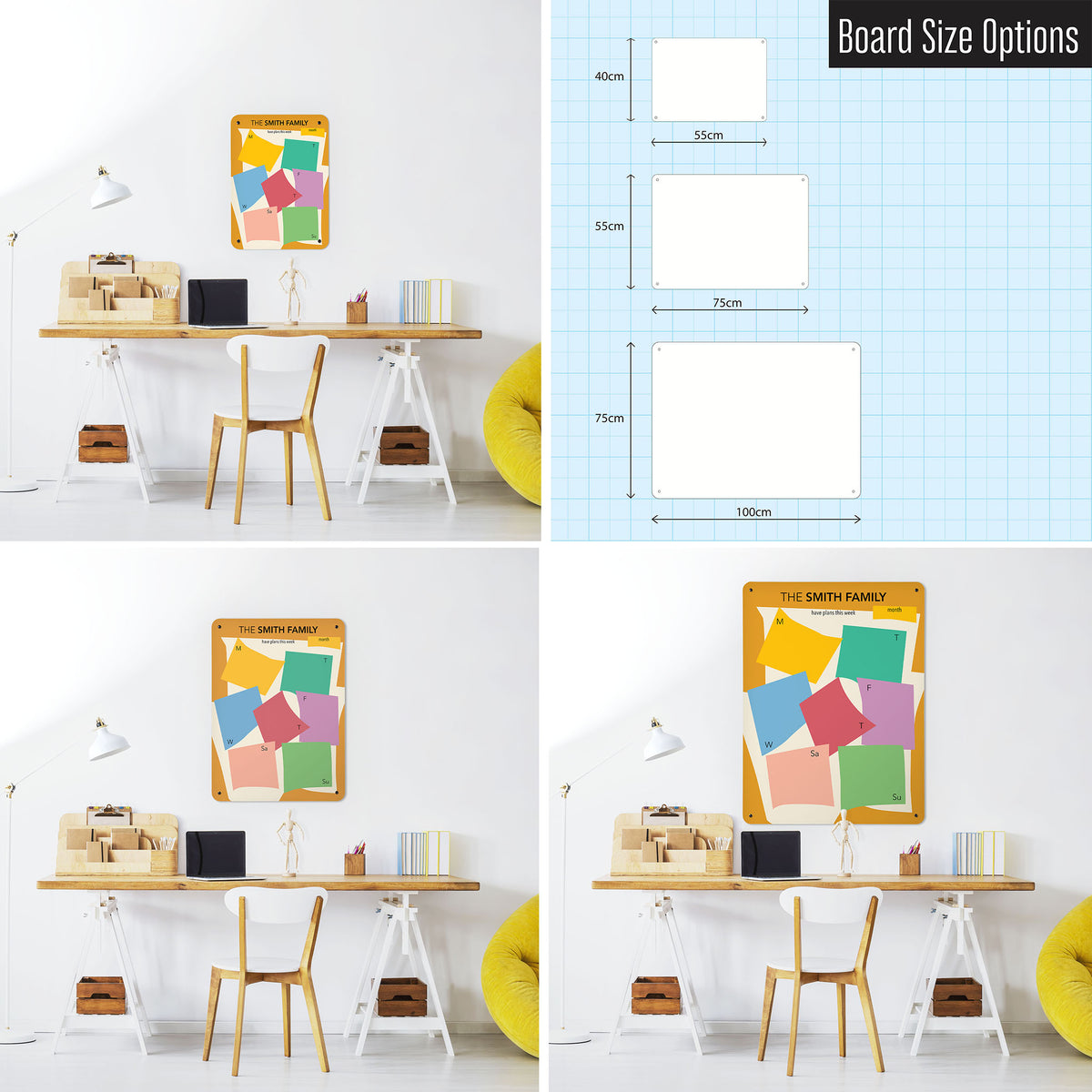 Three photographs of a workspace interior and a diagram to show size comparisons of a portrait Henri Matisse styled personalised weekly planner magnetic notice board
