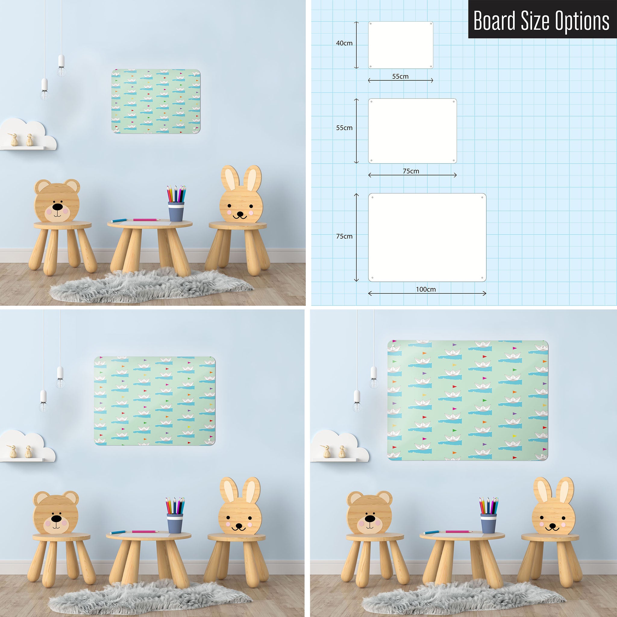 Three photographs of a workspace interior and a diagram to show size comparisons of a paper boats design magnetic notice board