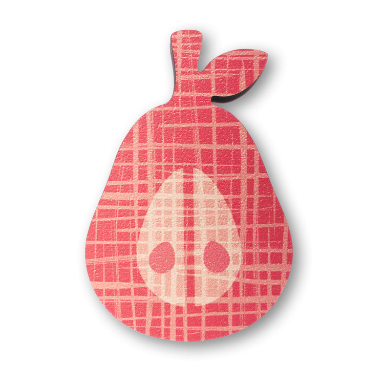 A coral pink pear design plywood fridge magnet by Beyond the Fridge