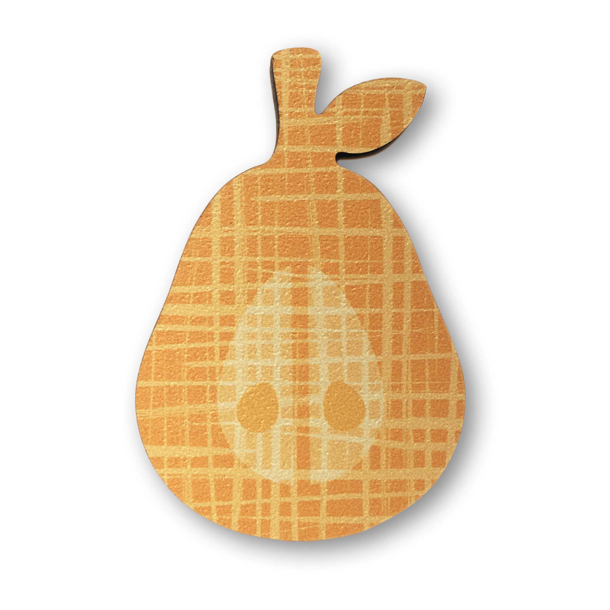 An orange pear design plywood fridge magnet by Beyond the Fridge