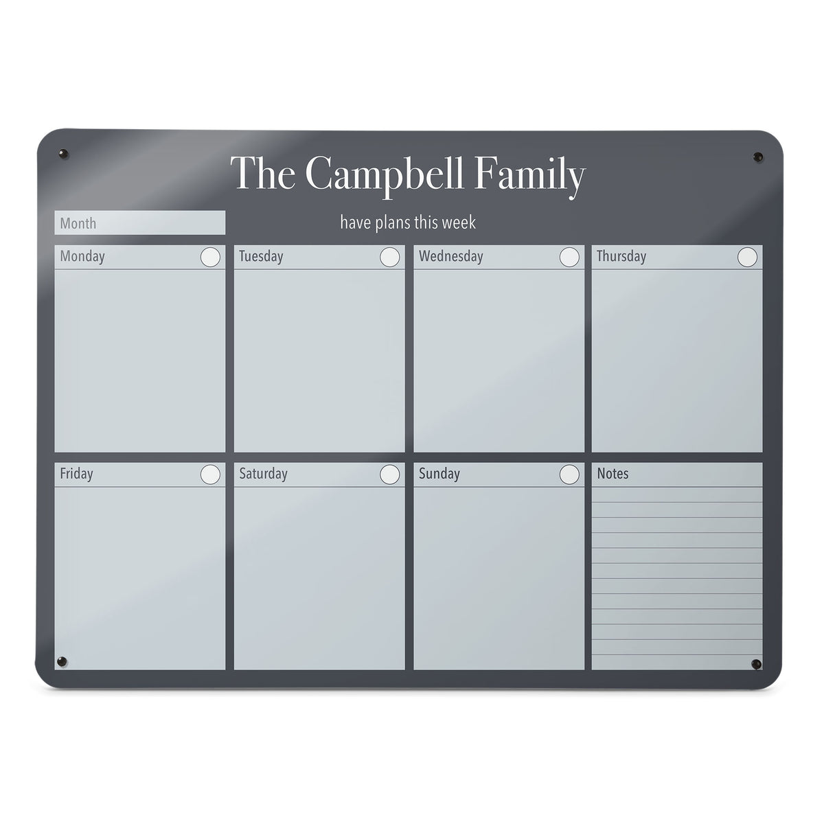 A large magnetic notice board by Beyond the Fridge with a weekly planner design to personalise in a grey colour and landscape format