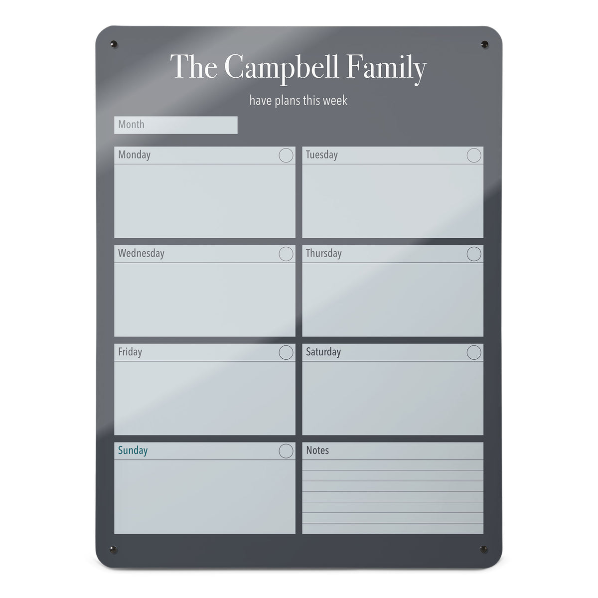 A large magnetic notice board by Beyond the Fridge with a weekly planner design to personalise in a grey colour and portrait format