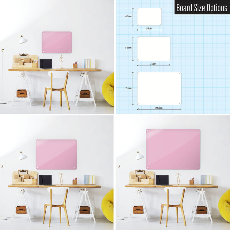 Three photographs of a workspace interior and a diagram to show size comparisons of a plain pink magnetic notice board