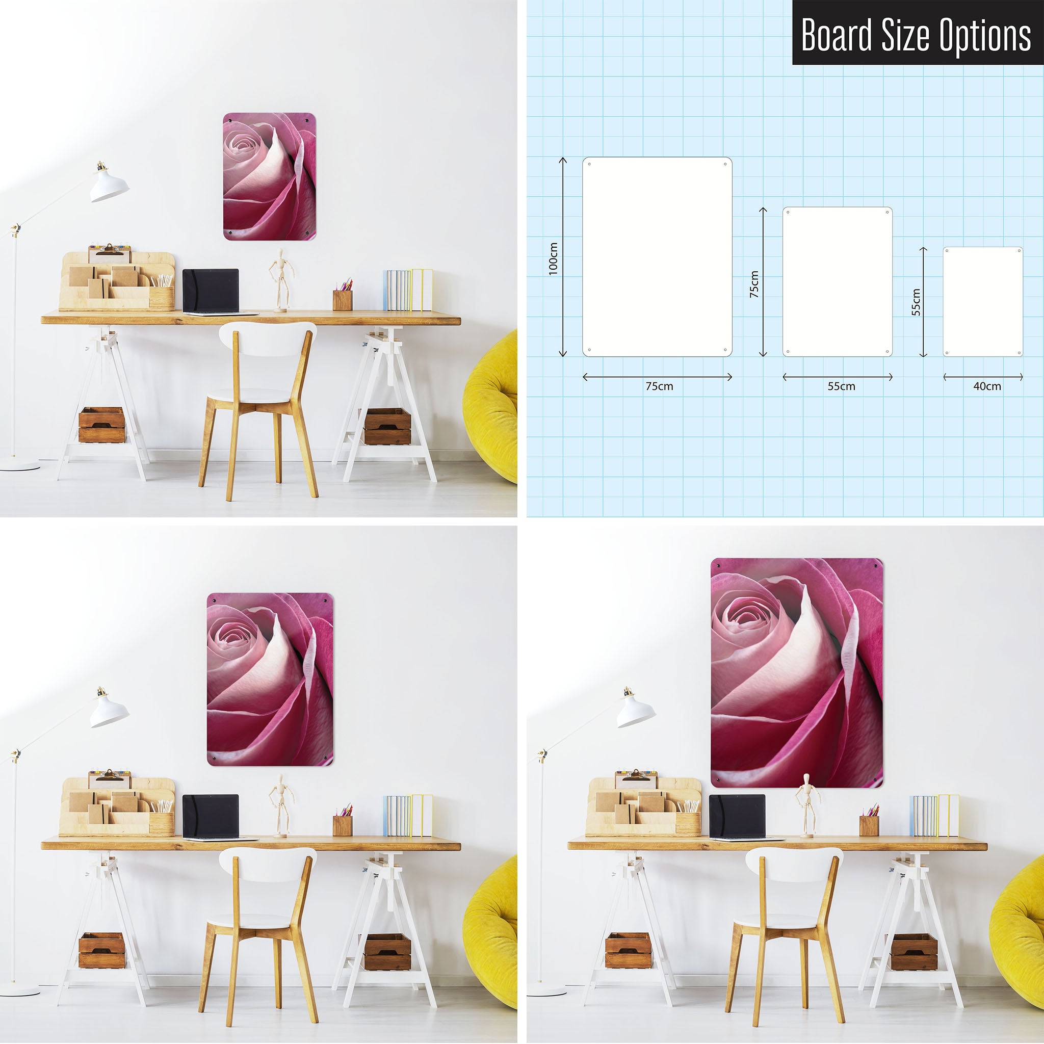 Three photographs of a workspace interior and a diagram to show size comparisons of a pink rose photographic magnetic notice board
