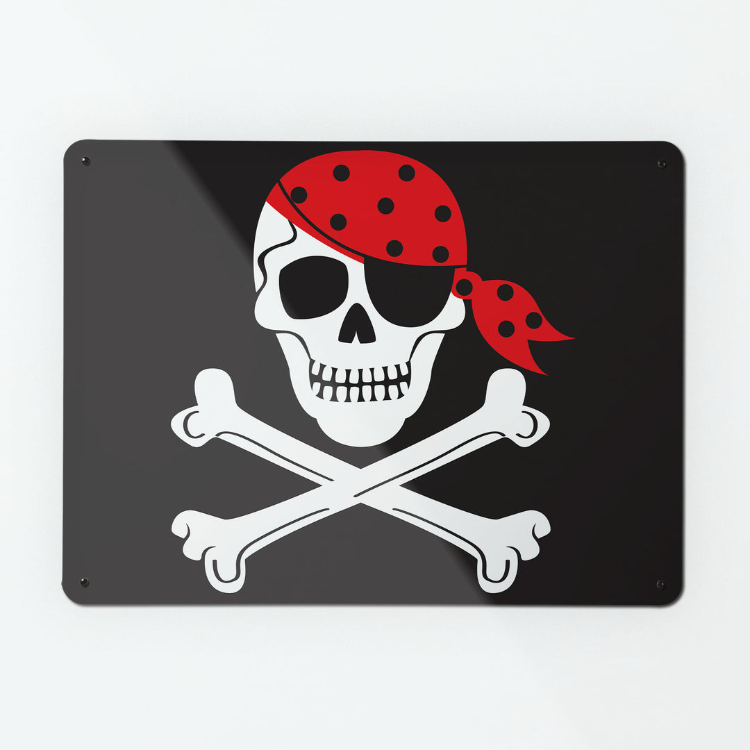 A large magnetic notice board by Beyond the Fridge with a skull and crossbones pirate flag design