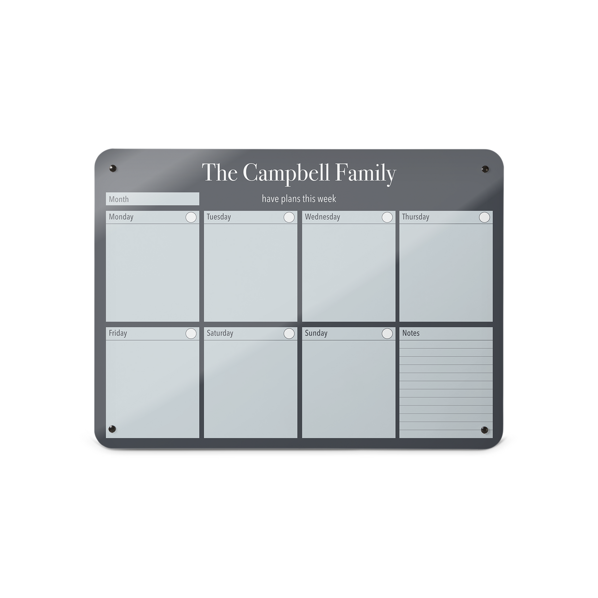 A medium magnetic notice board by Beyond the Fridge with a weekly planner design to personalise in a grey colour and landscape format