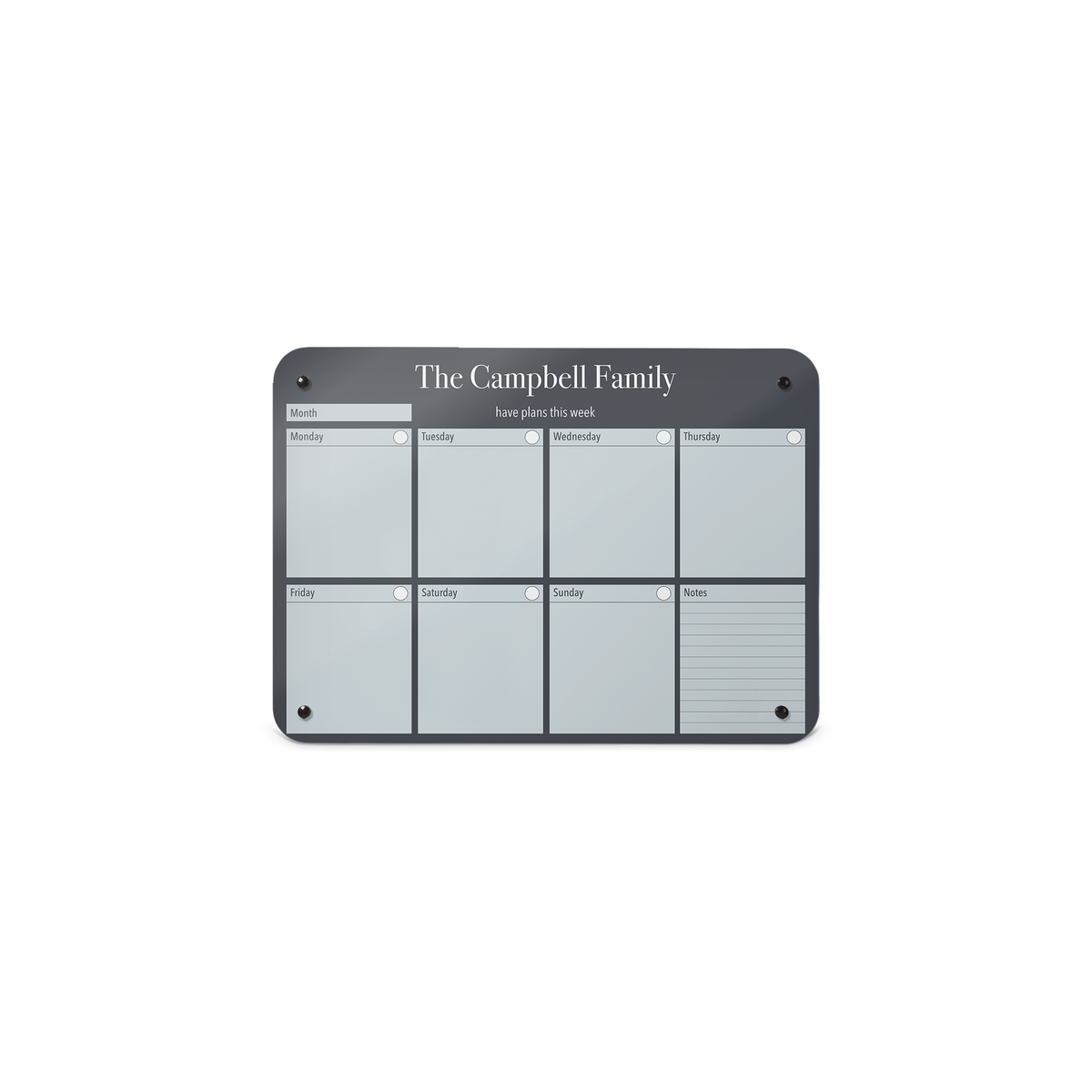 A small magnetic notice board by Beyond the Fridge with a weekly planner design to personalise in a grey colour and landscape format