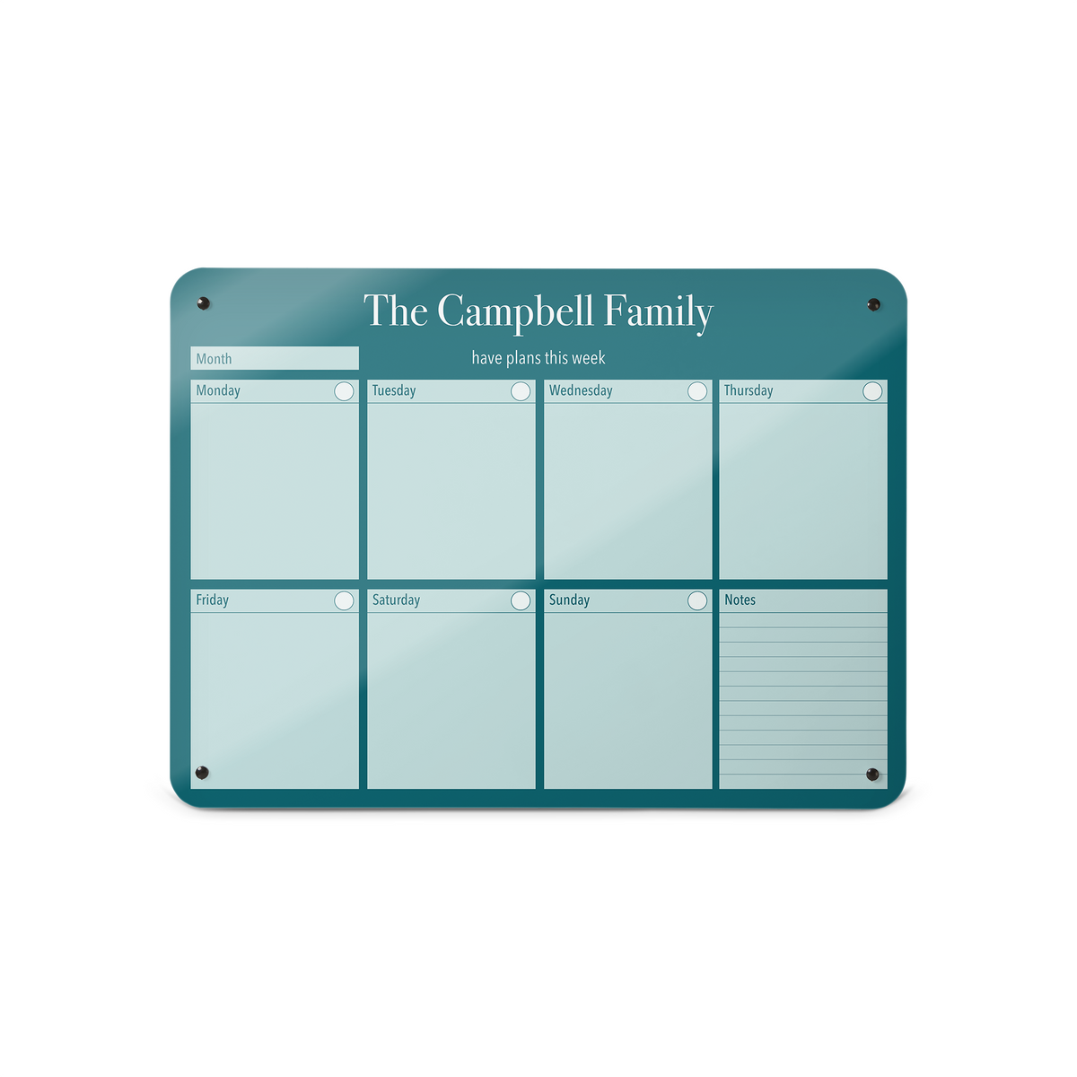 A medium magnetic notice board by Beyond the Fridge with a weekly planner design to personalise in a teal colour and landscape format