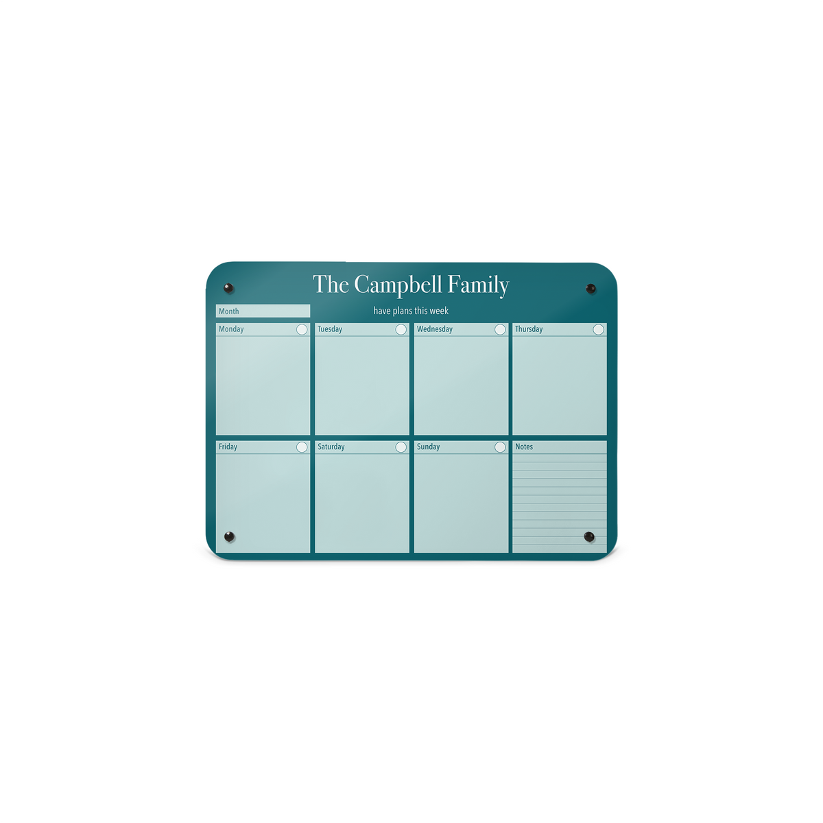 A small magnetic notice board by Beyond the Fridge with a weekly planner design to personalise in a teal colour and landscape format