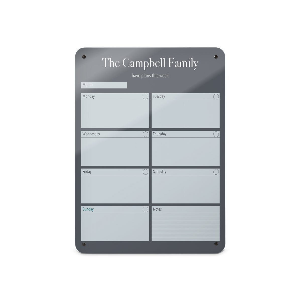 A medium magnetic notice board by Beyond the Fridge with a weekly planner design to personalise in a grey colour and portrait format