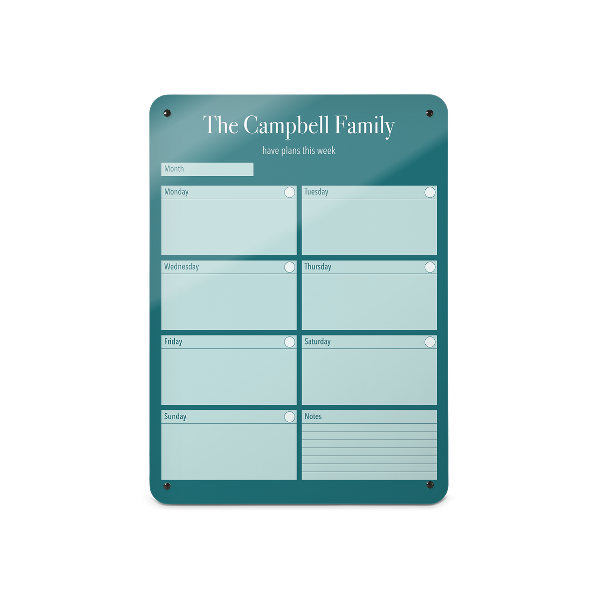 A medium magnetic notice board by Beyond the Fridge with a weekly planner design to personalise in a teal colour and portrait format