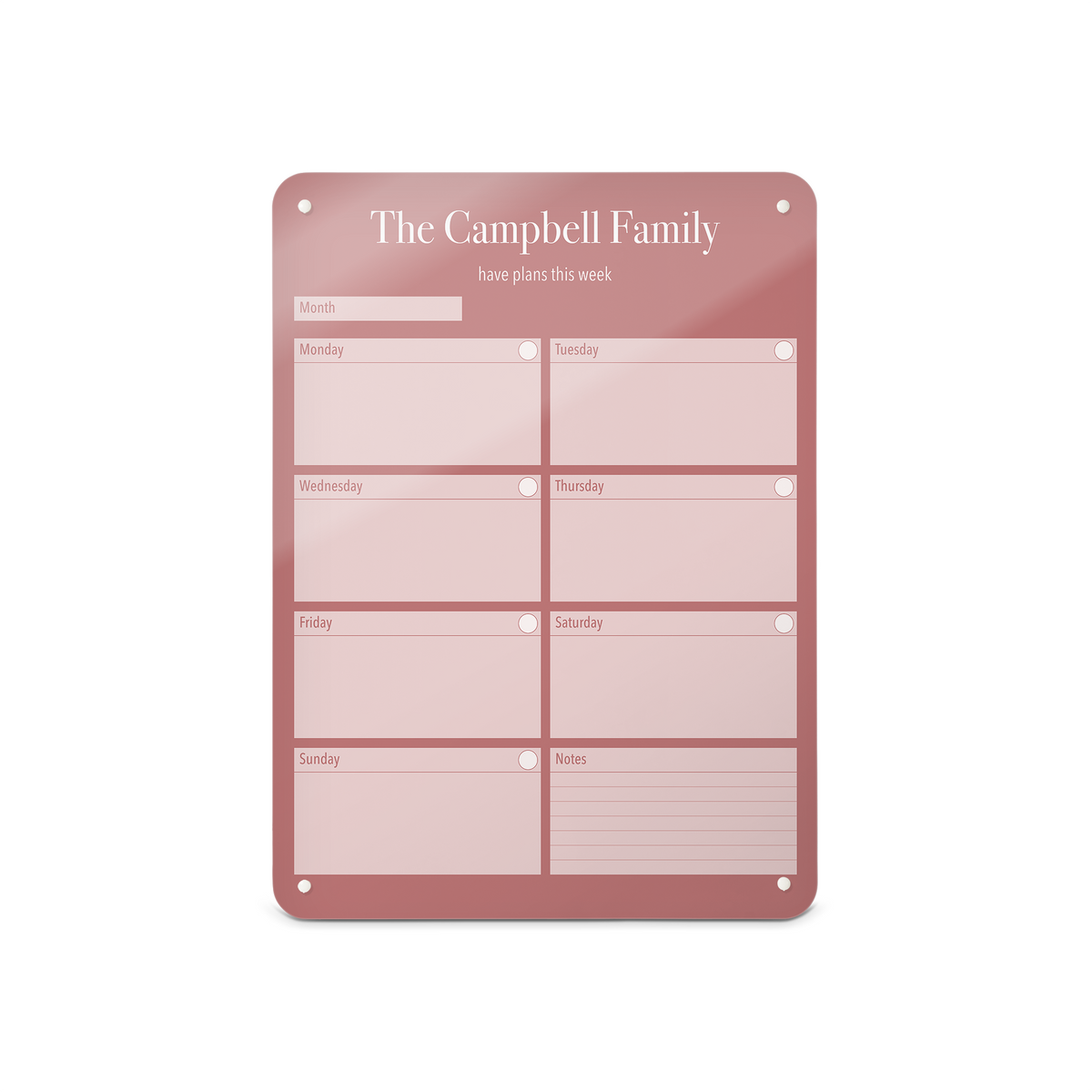 A medium magnetic notice board by Beyond the Fridge with a weekly planner design to personalise in a pink colour and portrait format