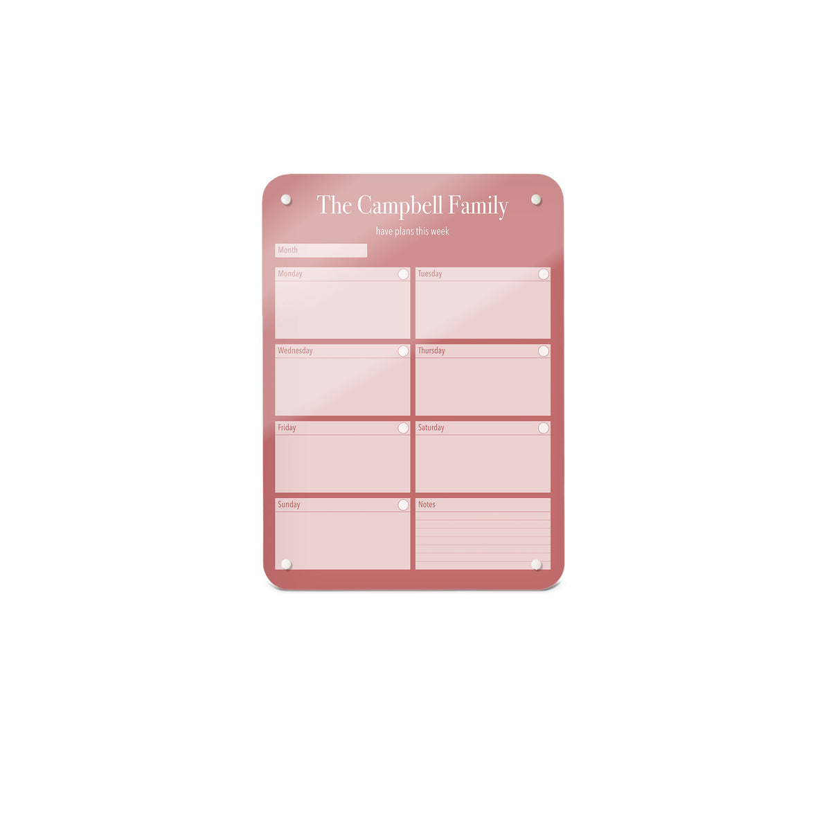 A small magnetic notice board by Beyond the Fridge with a weekly planner design to personalise in a pink colour and portrait format