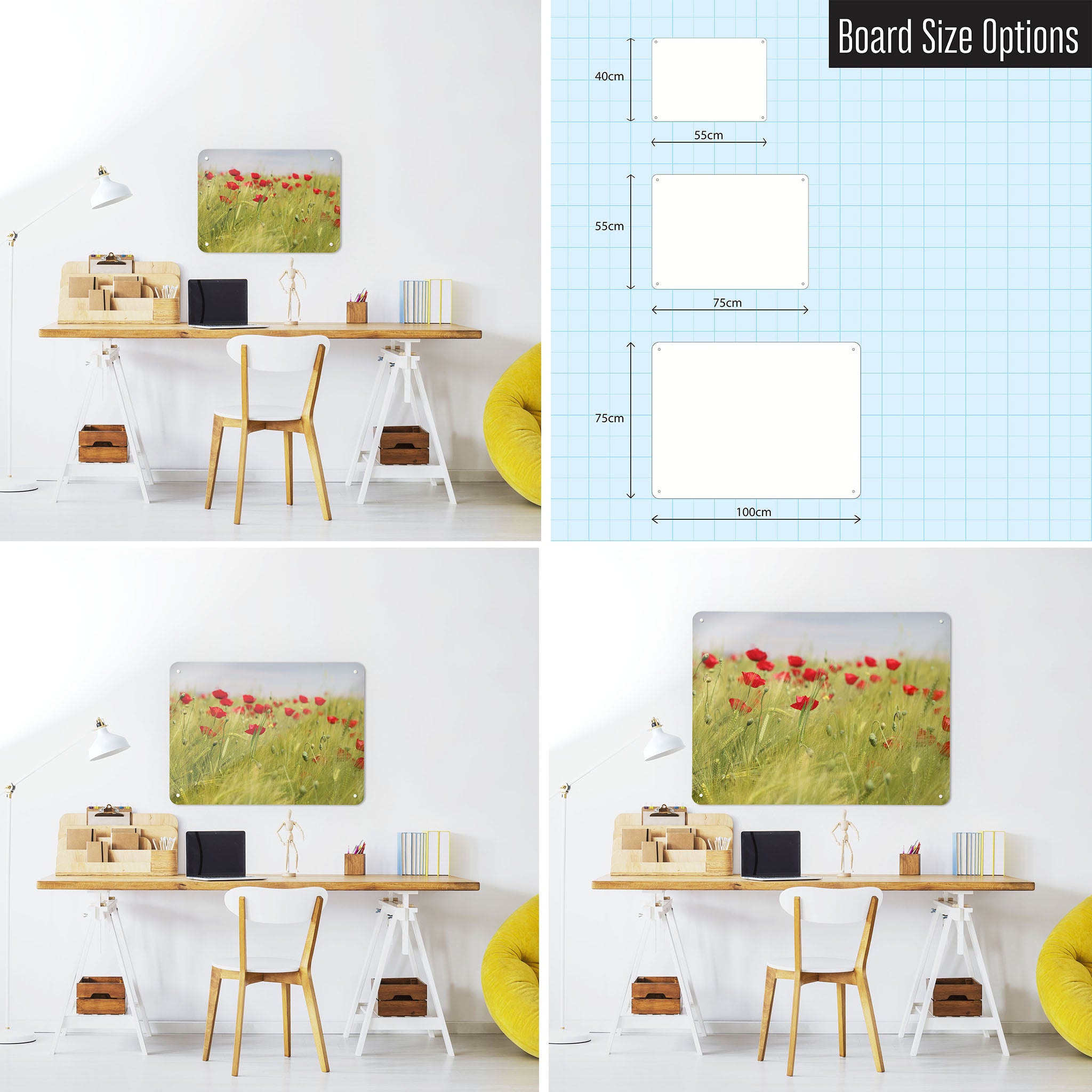 Three photographs of a workspace interior and a diagram to show size comparisons of a poppy field photographic magnetic notice board
