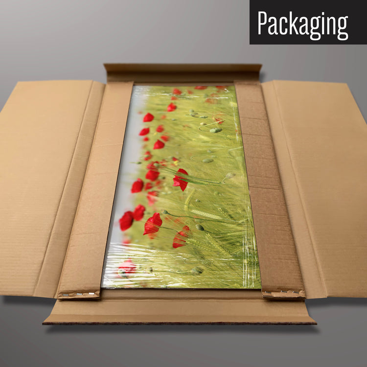 A poppy field photographic magnetic board in it’s cardboard packaging