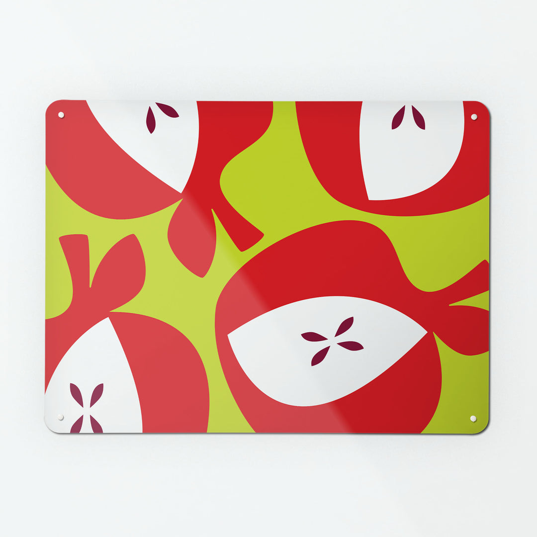 A large magnetic notice board by Beyond the Fridge with an apples design in red and green