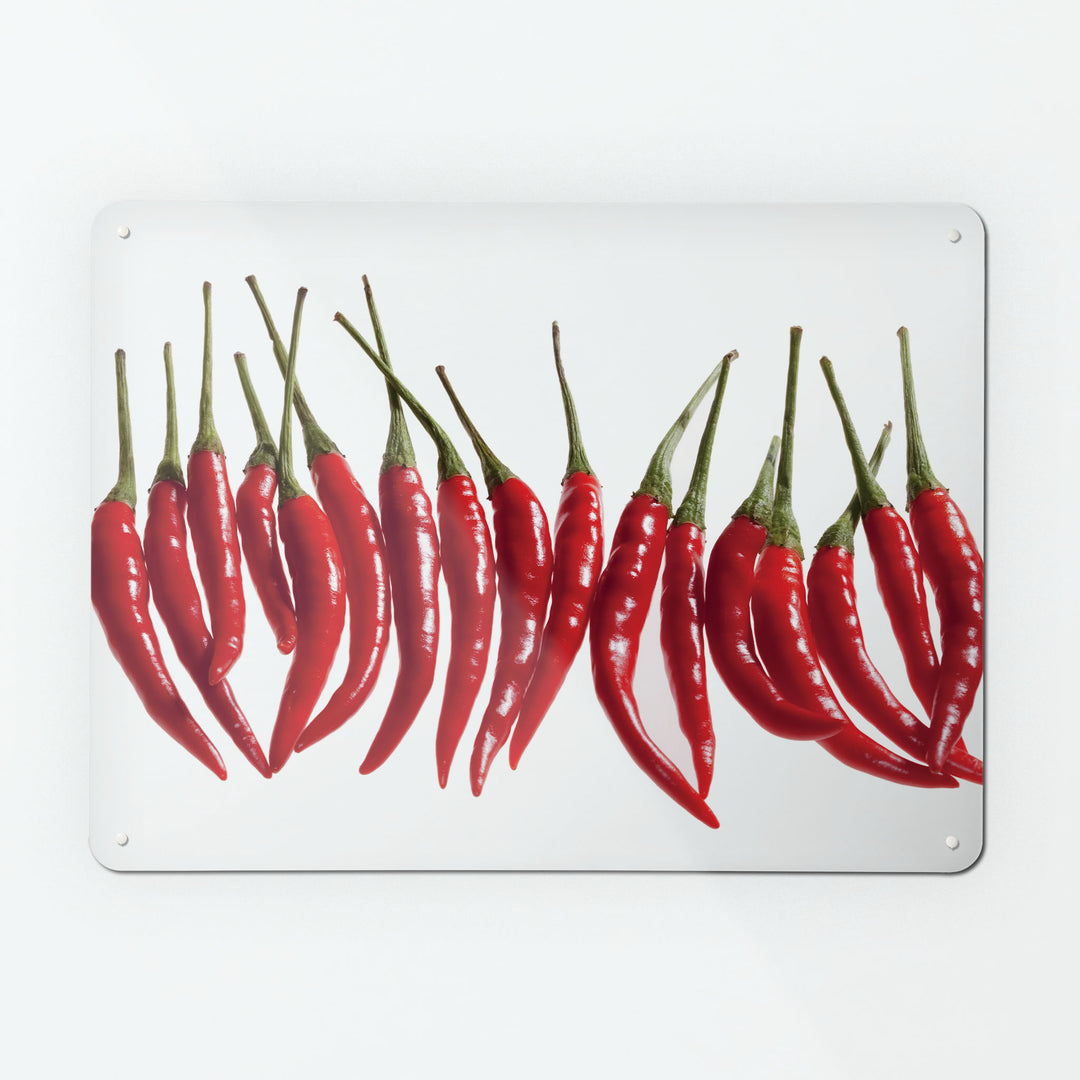 A large magnetic notice board by Beyond the Fridge with a photograph of a line of red chillies on a white background