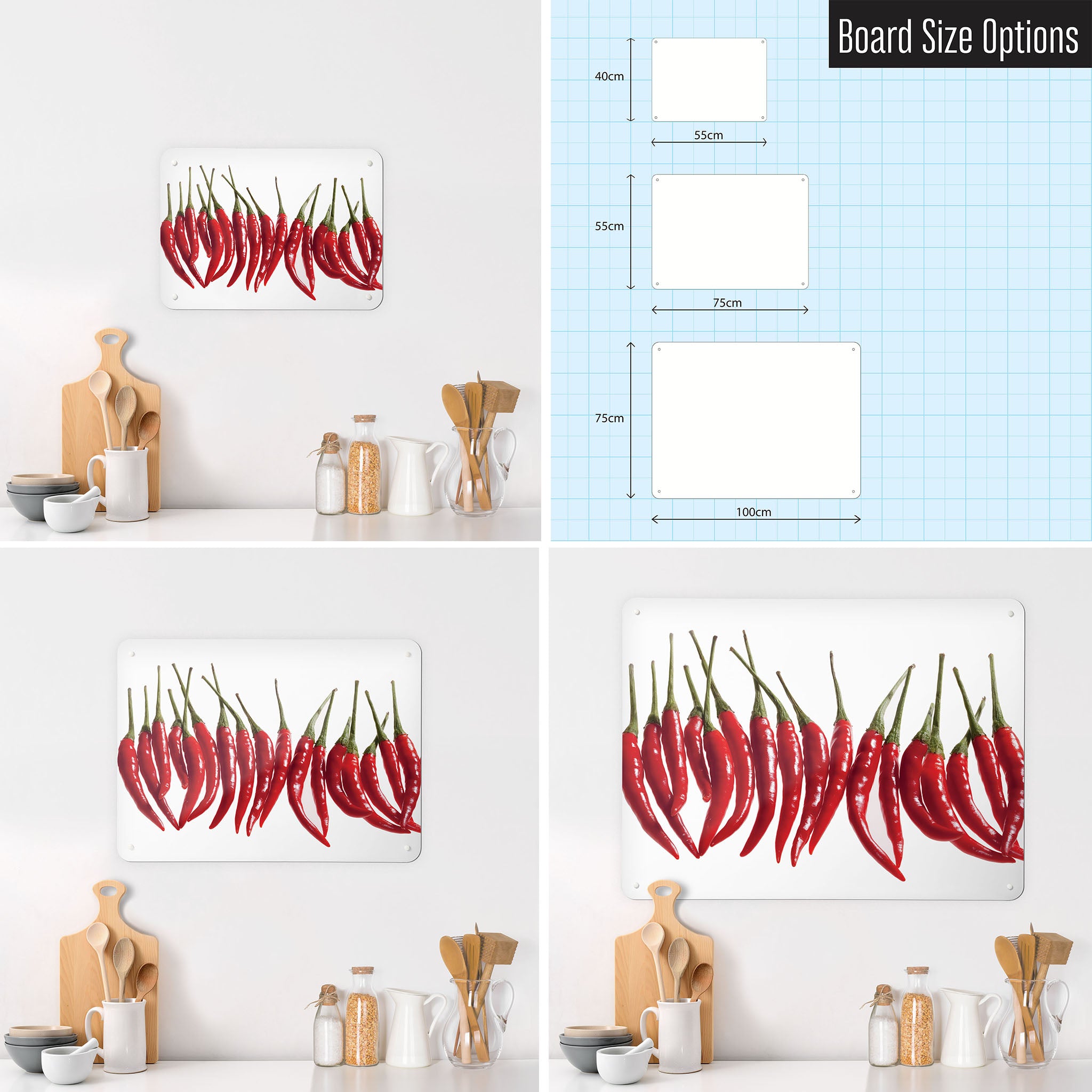 Three photographs of a kitchen interior and a diagram to show size comparisons of a red chillies photographic magnetic notice board