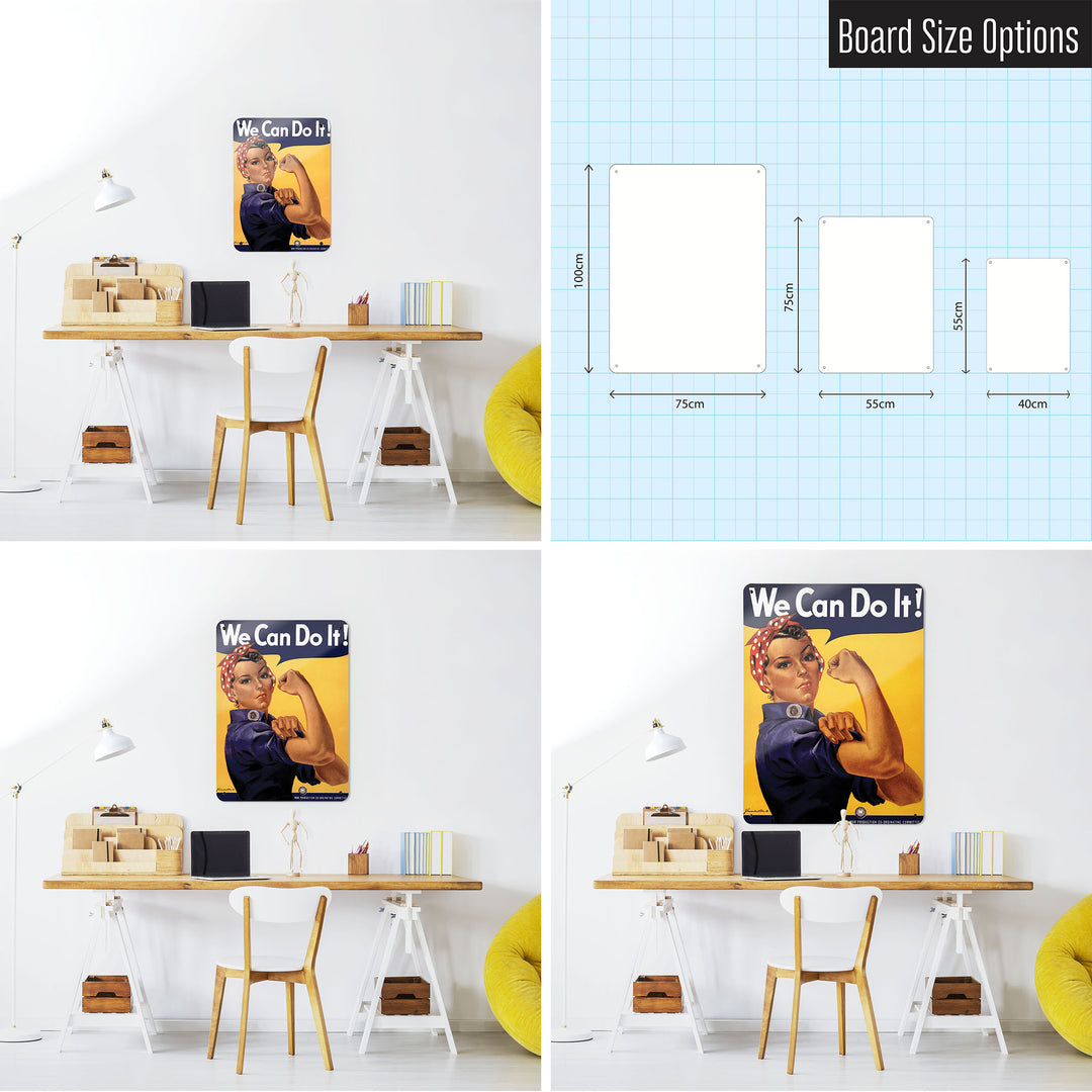 Three photographs of a workspace interior and a diagram to show size comparisons of a Rosie the Riveter magnetic notice board