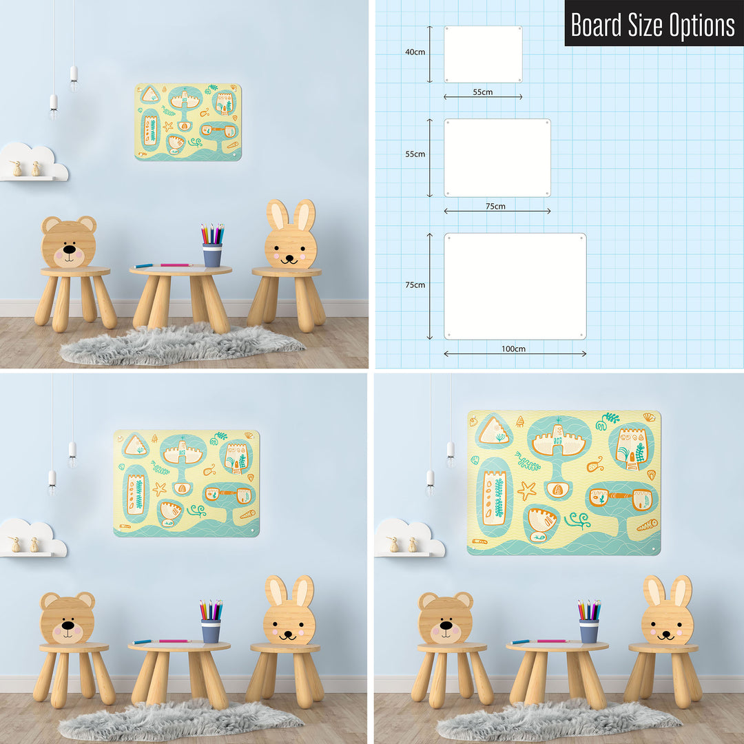 Three photographs of a workspace interior and a diagram to show size comparisons of a sandcastles design magnetic notice board