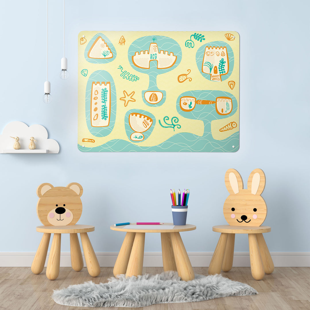 A playroom interior with a magnetic metal wall art panel showing a sandcastles design for kids in yellow and aqua