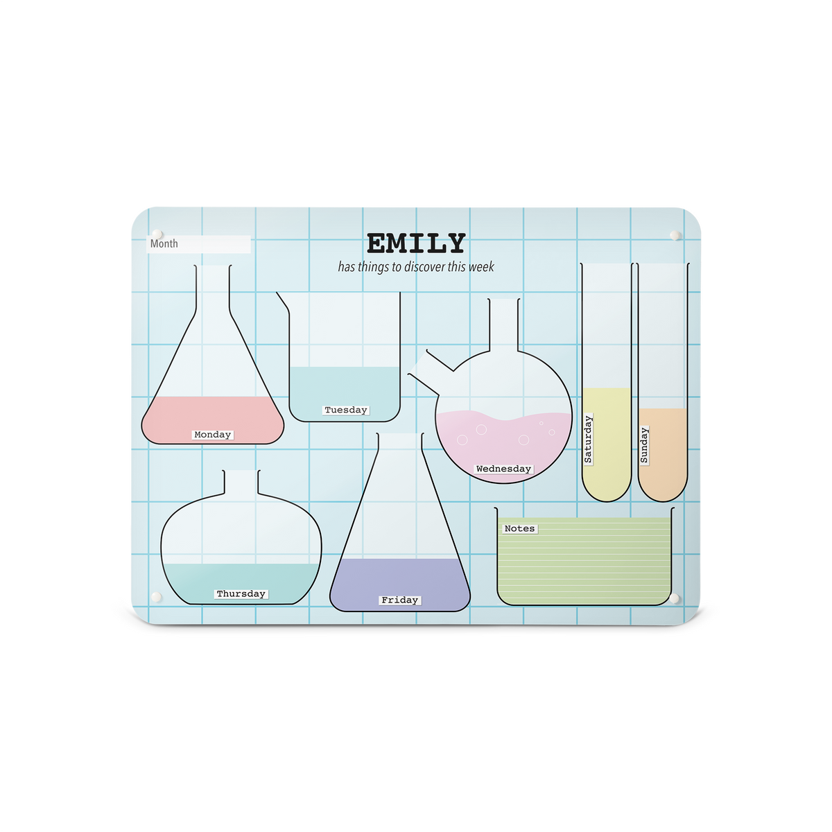 A medium landscape science lab weekly planner magnetic notice board by Beyond the Fridge personalised with a name