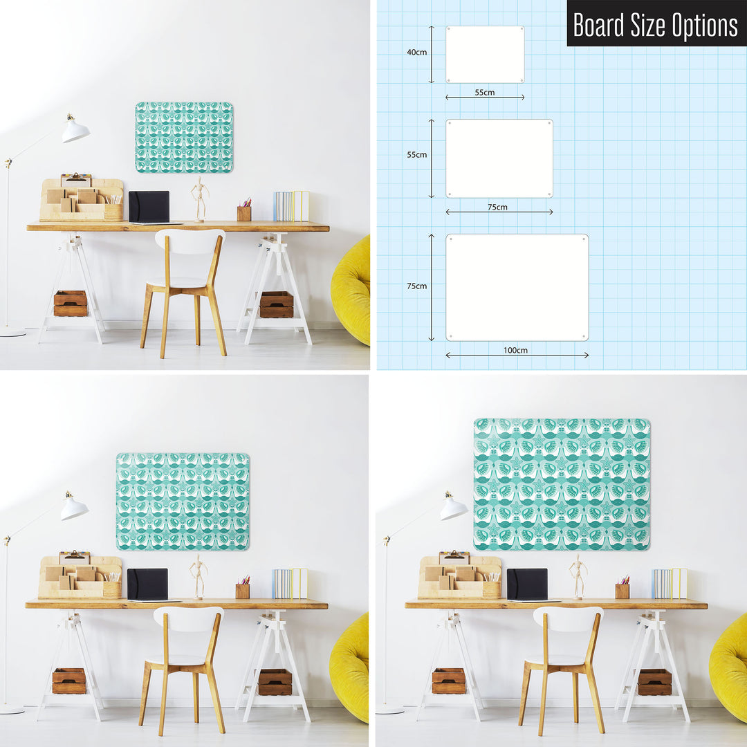 Three photographs of a workspace interior and a diagram to show size comparisons of a retro seabird design magnetic notice board