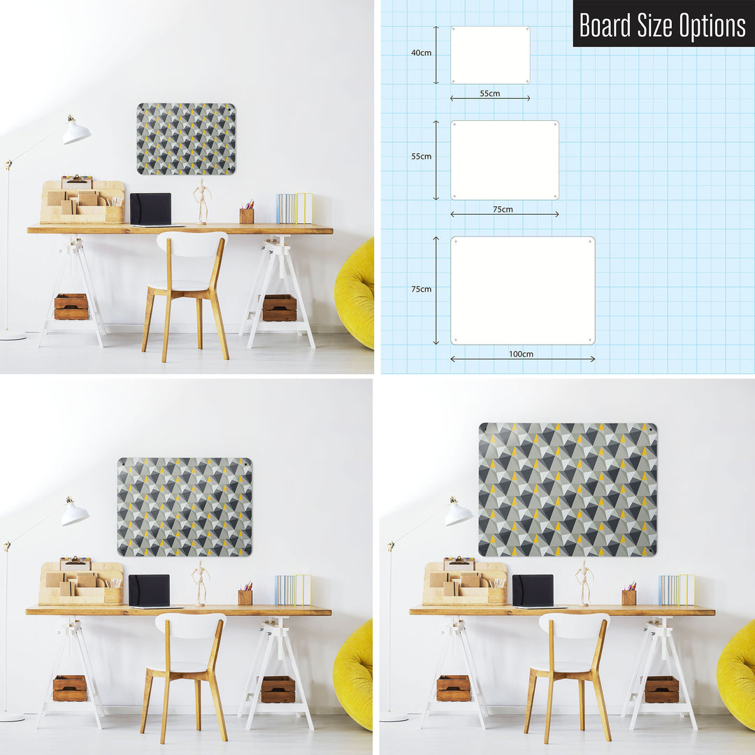 Three photographs of a workspace interior and a diagram to show size comparisons of a shards design magnetic notice board