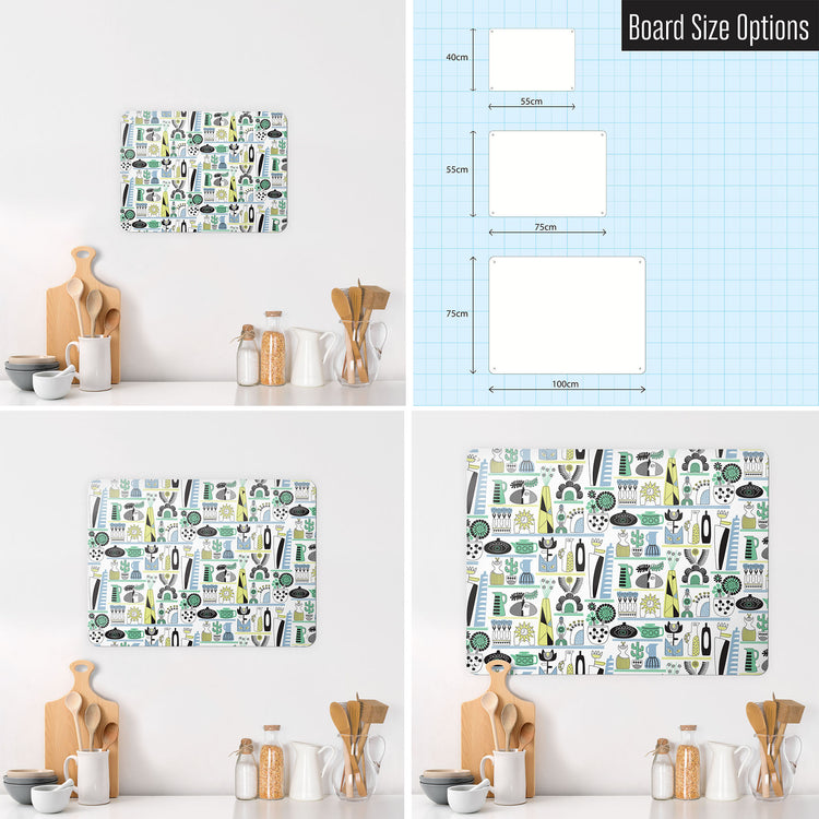 Three photographs of a workspace interior and a diagram to show size comparisons of a shelf life cool tones magnetic notice board