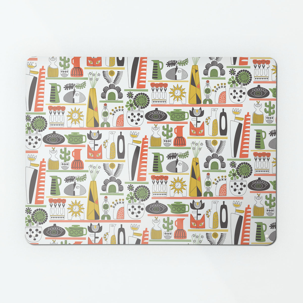A large magnetic notice board by Beyond the Fridge with a shelf life repeat pattern showing pots, vases and plants in warm colour tones