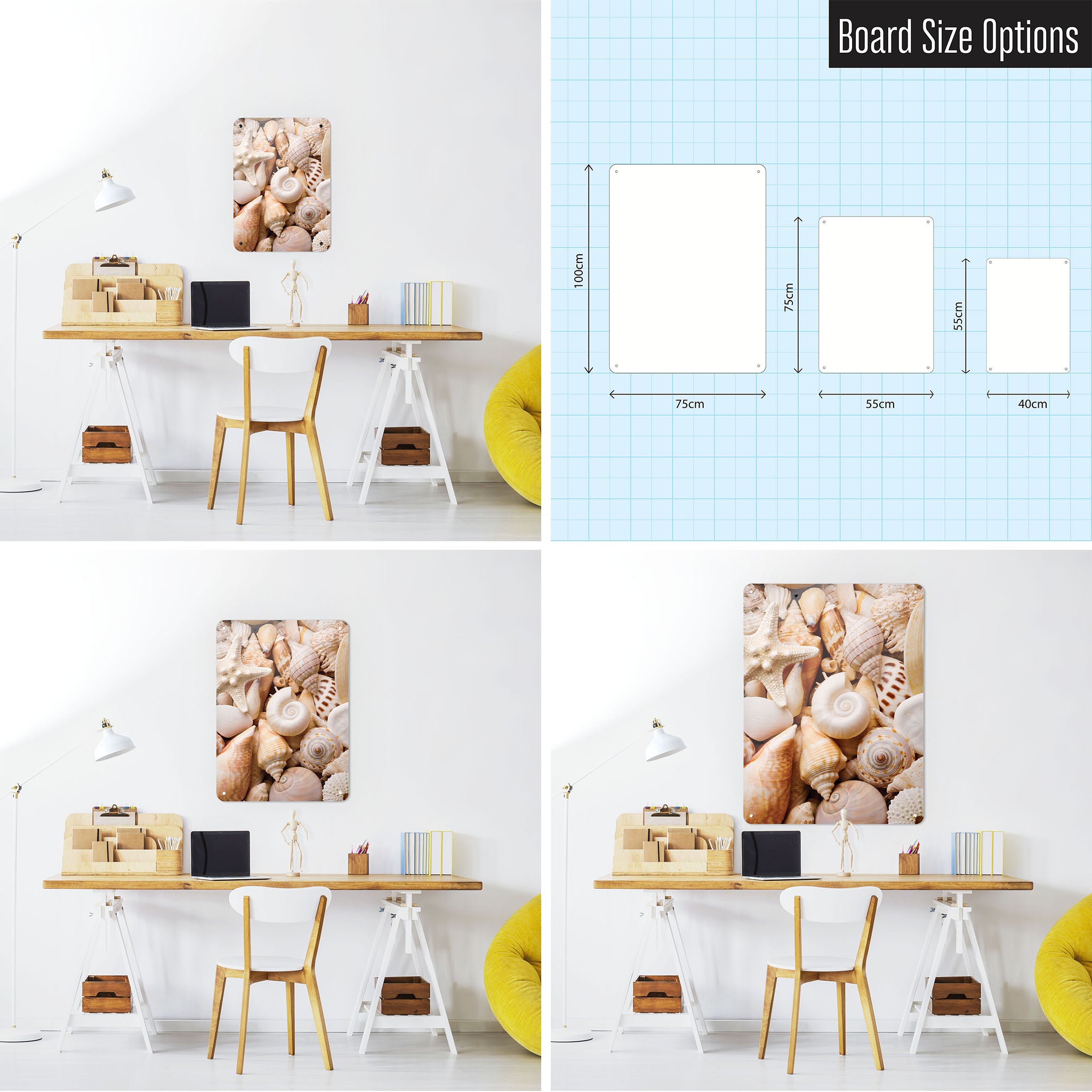 Three photographs of a workspace interior and a diagram to show size comparisons of a shells photographic magnetic notice boar