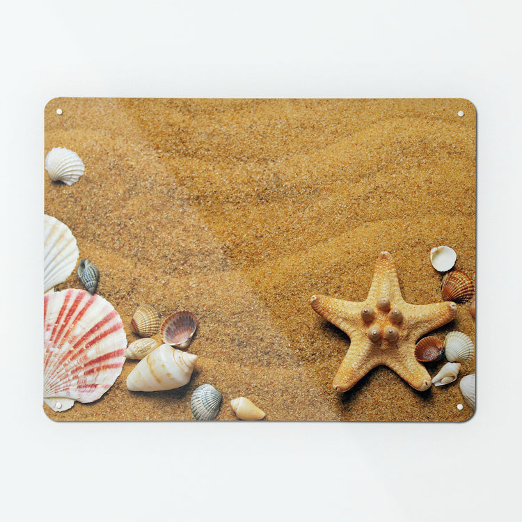 A large magnetic notice board by Beyond the Fridge with a photograph of a sandy shore with seashells