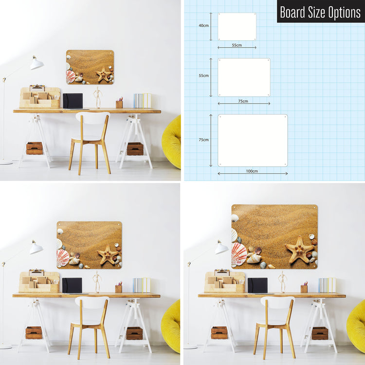 Three photographs of a workspace interior and a diagram to show size comparisons of a shoreline shells photographic magnetic notice board