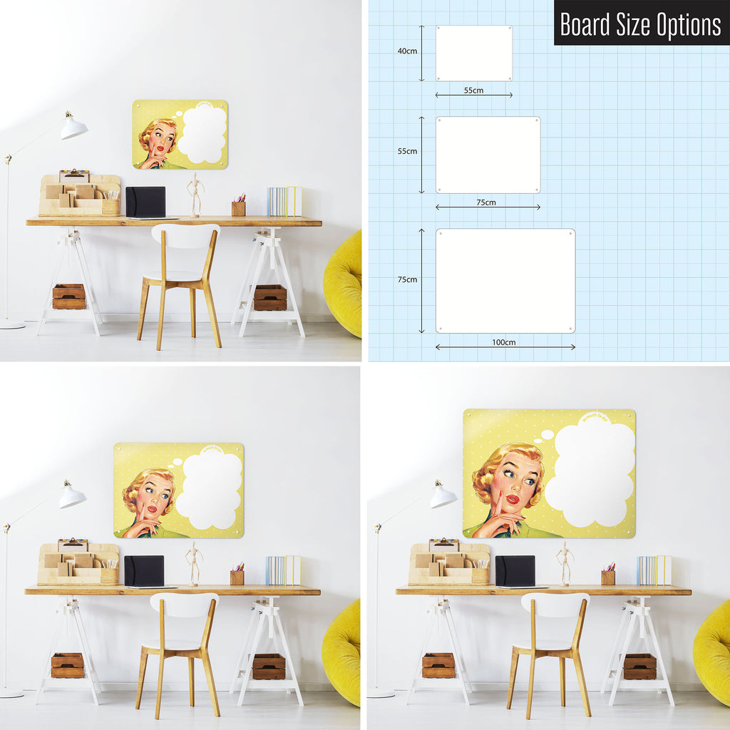 Three photographs of a workspace interior and a diagram to show size comparisons of a so much to do vintage design whiteboard magnetic notice board