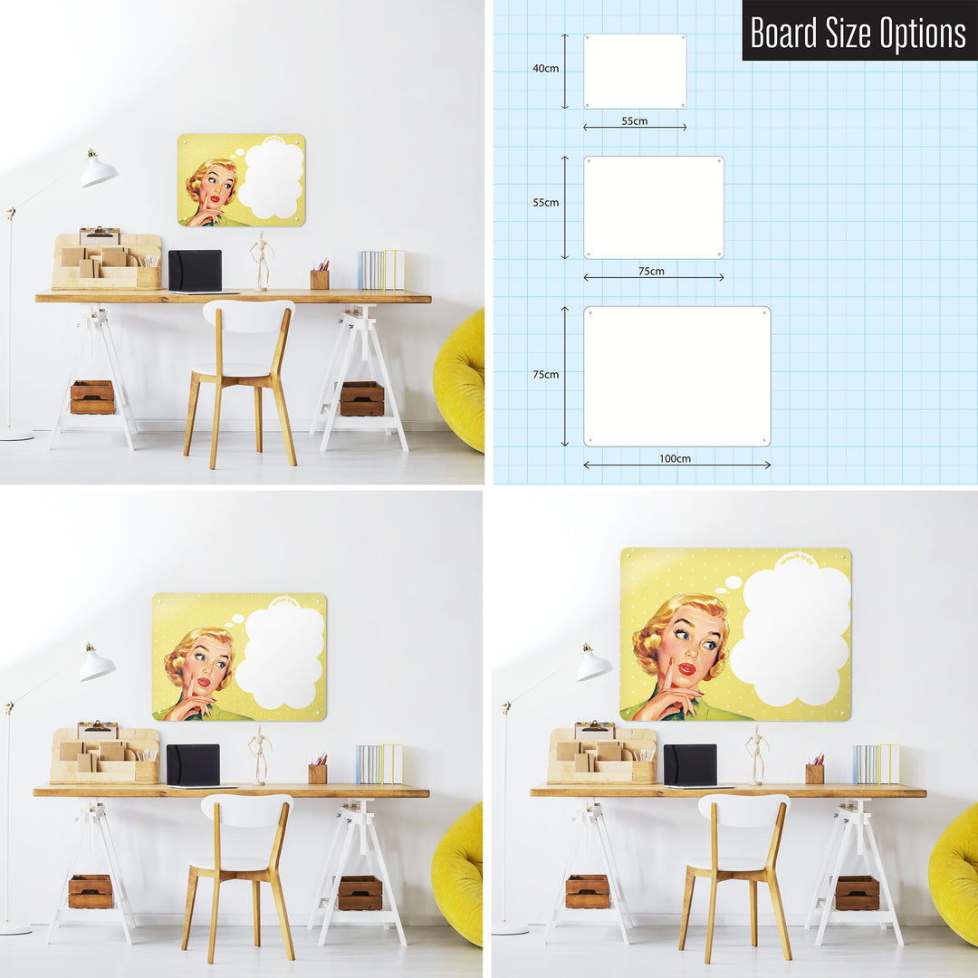 Three photographs of a workspace interior and a diagram to show size comparisons of a so much to do vintage design whiteboard magnetic notice board