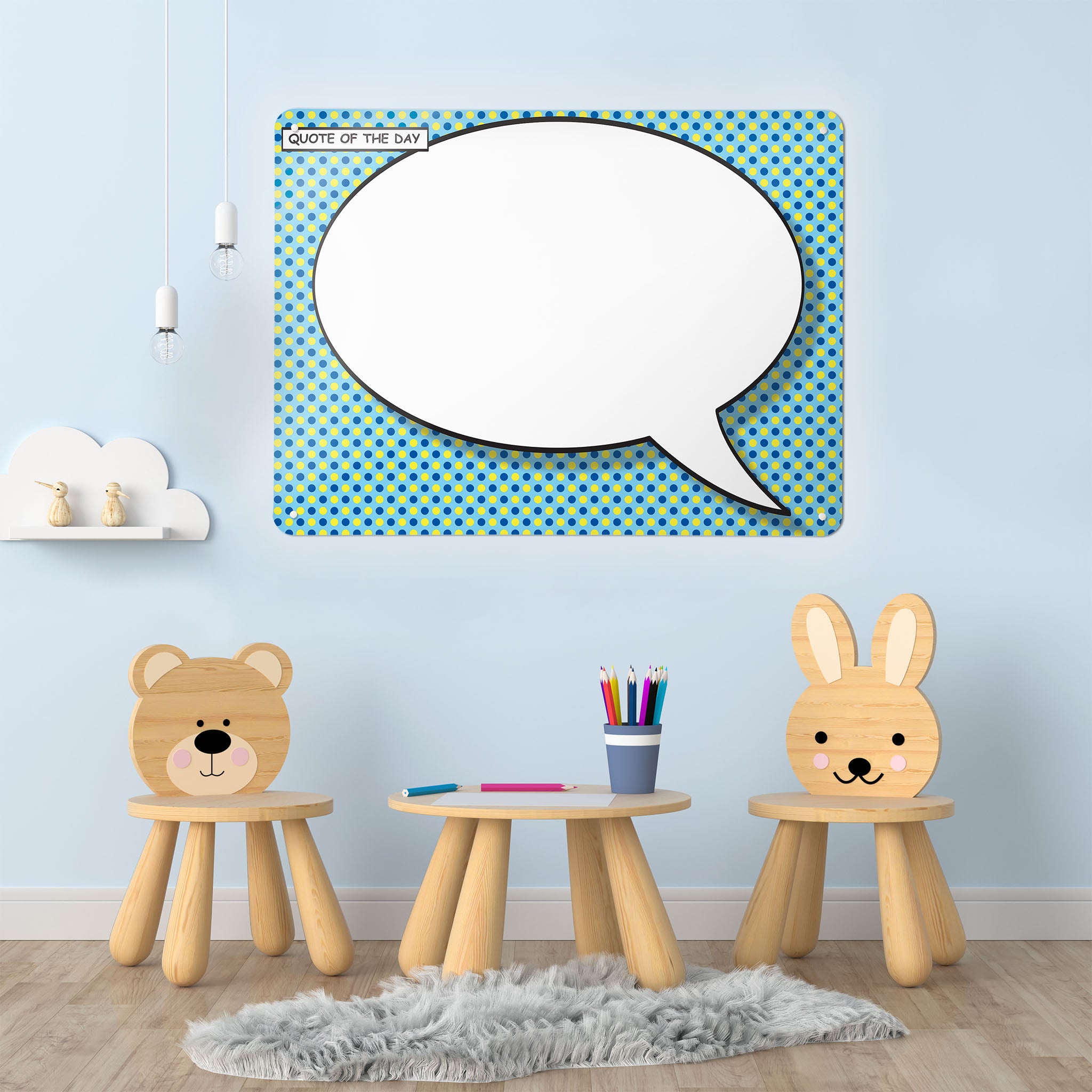 A playroom interior with a magnetic metal wall art panel showing a cartoon speech bubble design