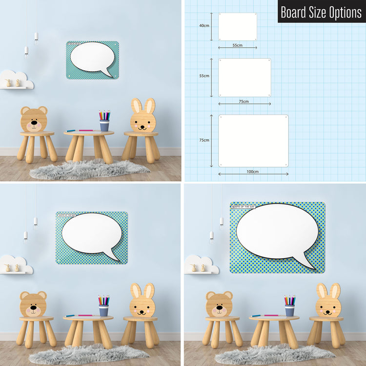 Three photographs of a workspace interior and a diagram to show size comparisons of a cartoon speech bubble in blue and yellow design magnetic notice board