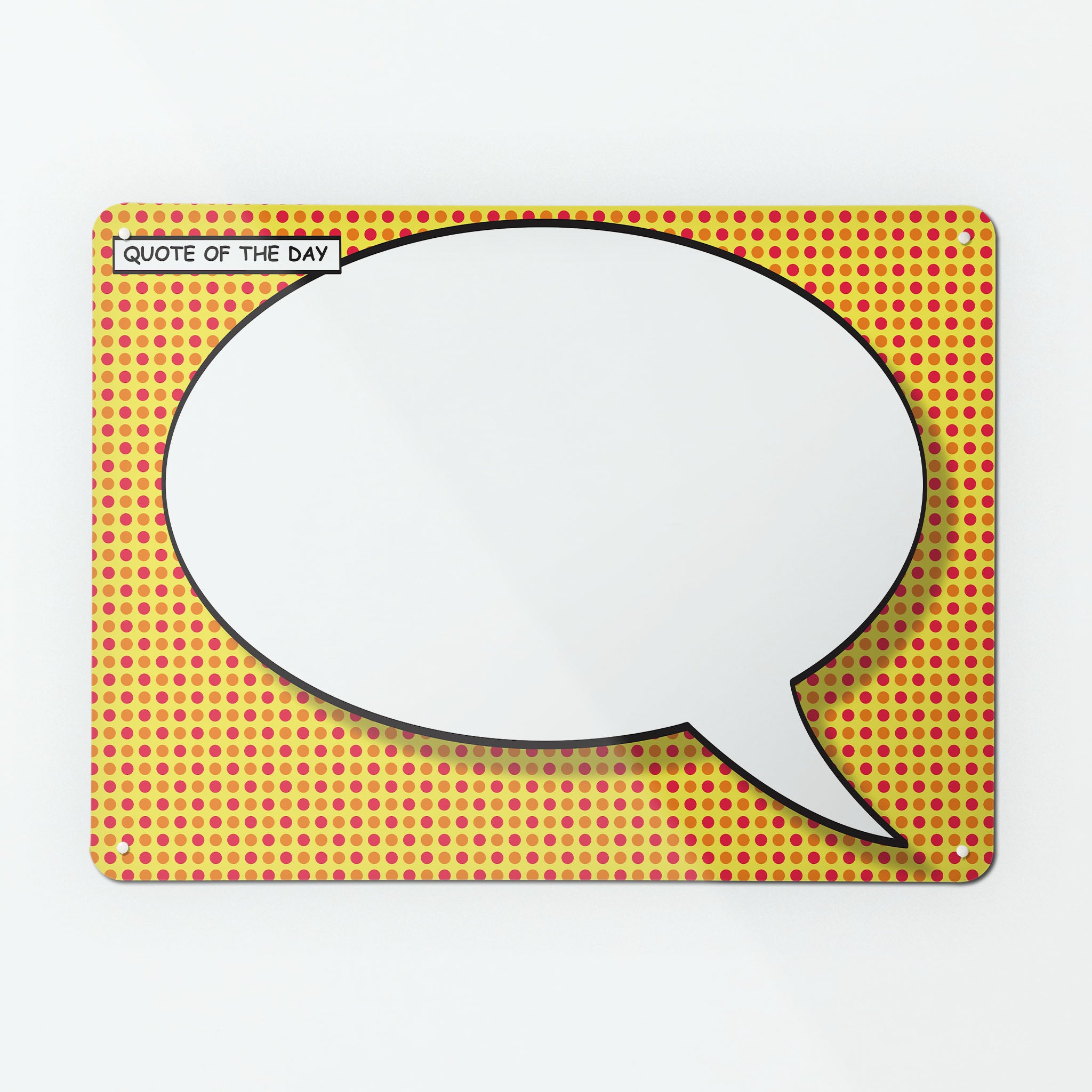 A large magnetic notice board by Beyond the Fridge with a cartoon speech bubble design in white on a red and yellow background